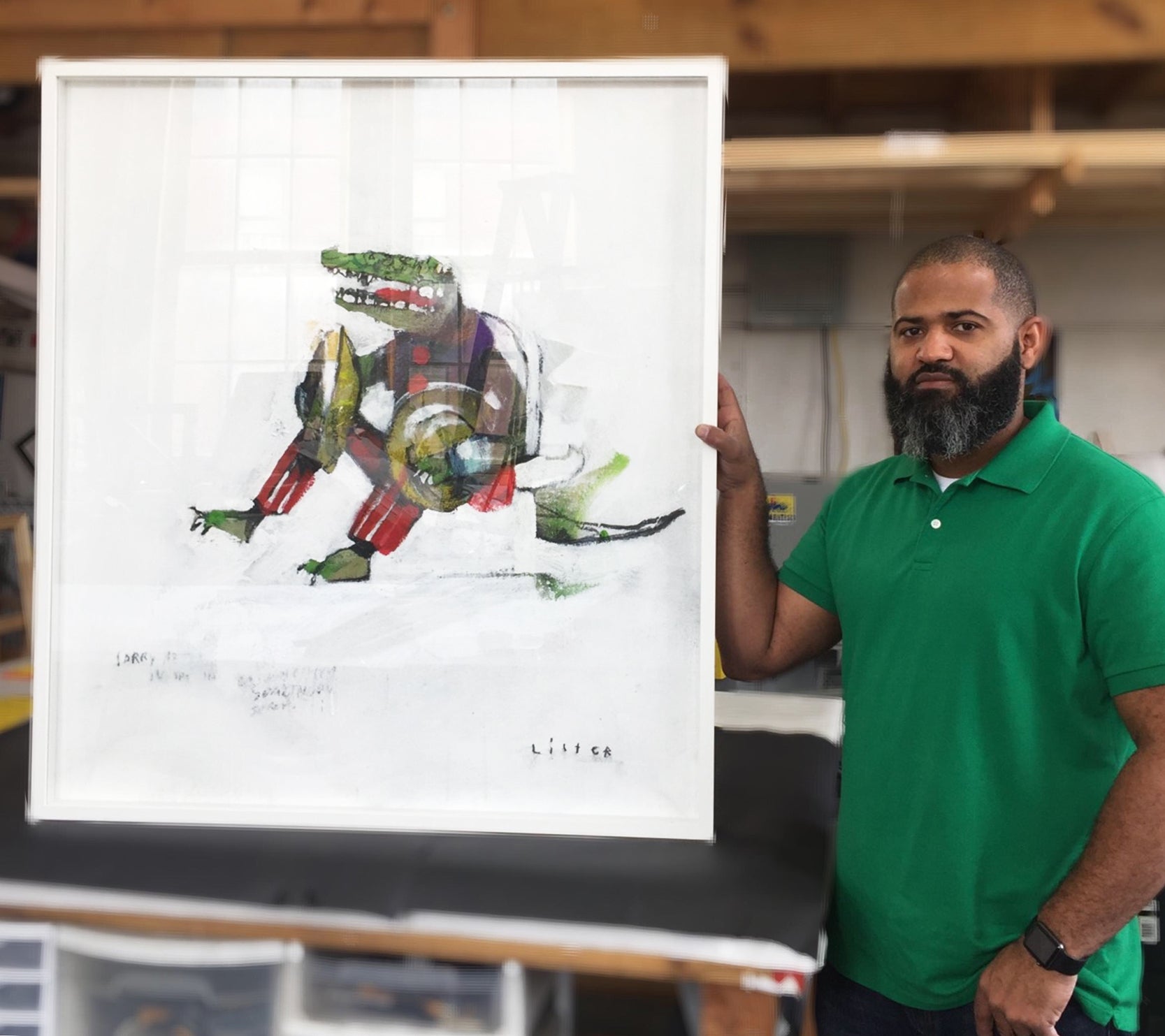 Anthony Lister custom framed crocodile street art in shadow box frame