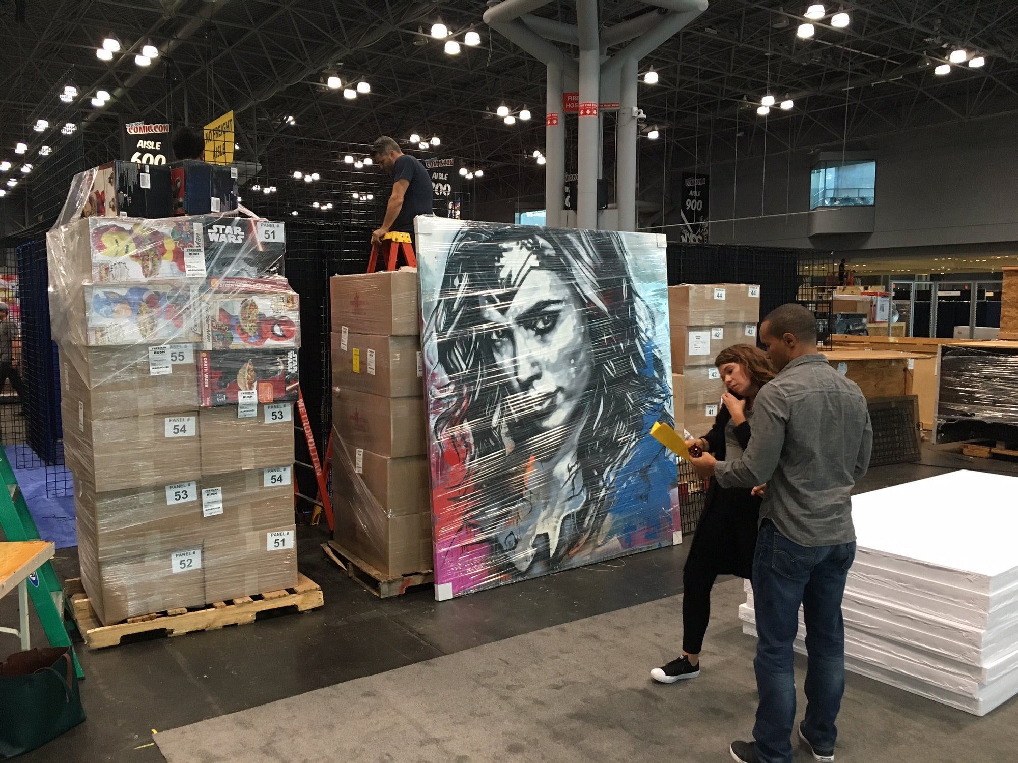 wonder woman, new york comic con, nycc, custom framing, gal gadot, Christina Angelina, Starfighter, Jacob Javits Center, lower east side, clemente building, frames and stretchers, art delivery van