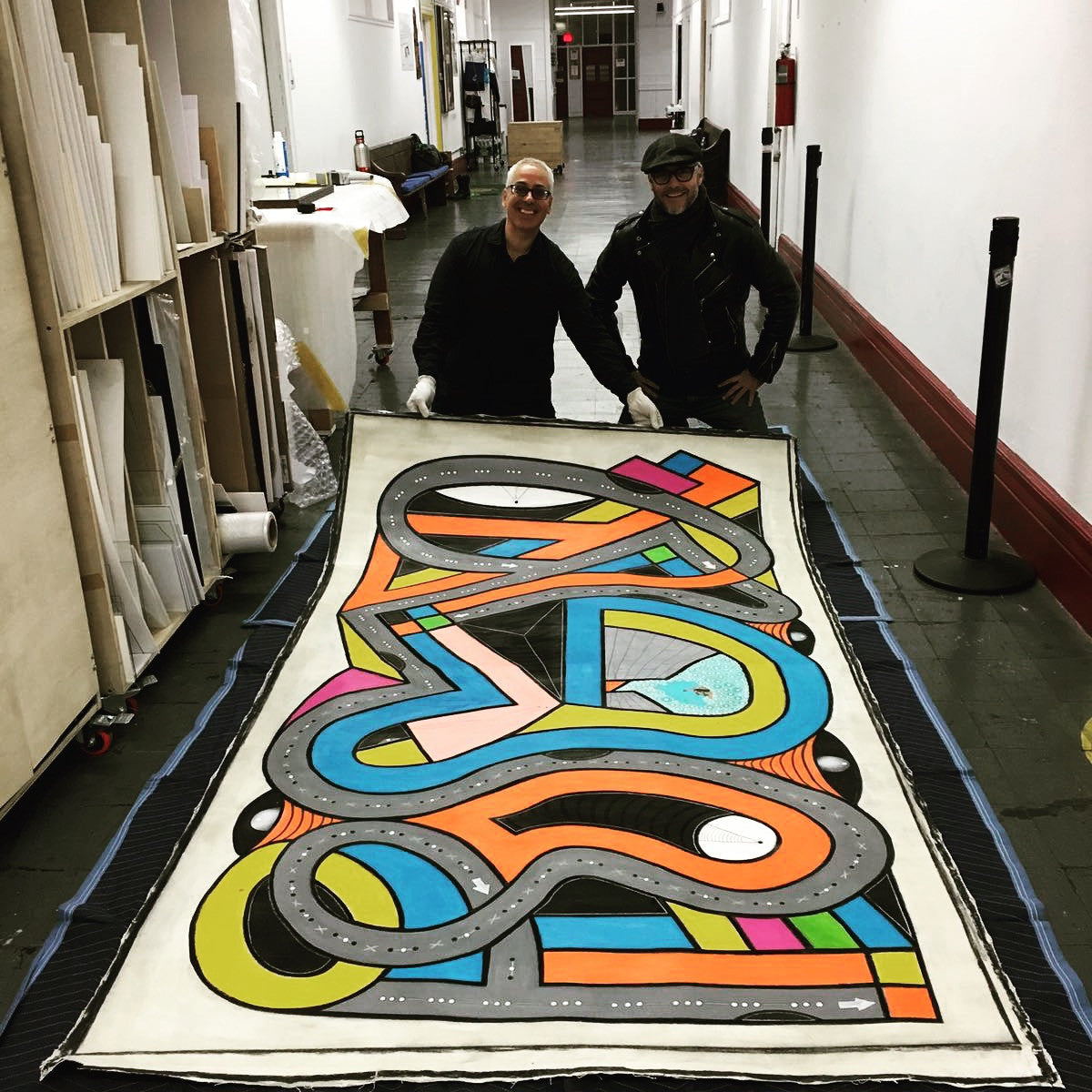 A Luis Cruz Azaceta canvas before being stretched over a custom heavy duty stretcher at Frames and Stretchers in the Lower East Side.